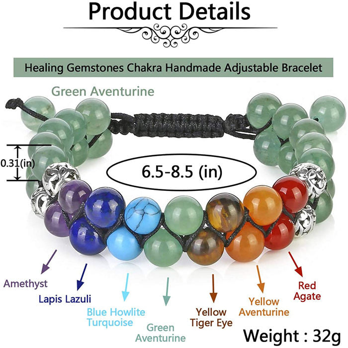 Beakey Bead Bracelet 7 Chakras Healing Crystals Bracelet Stone Beads Double Layer Bracelets-Green