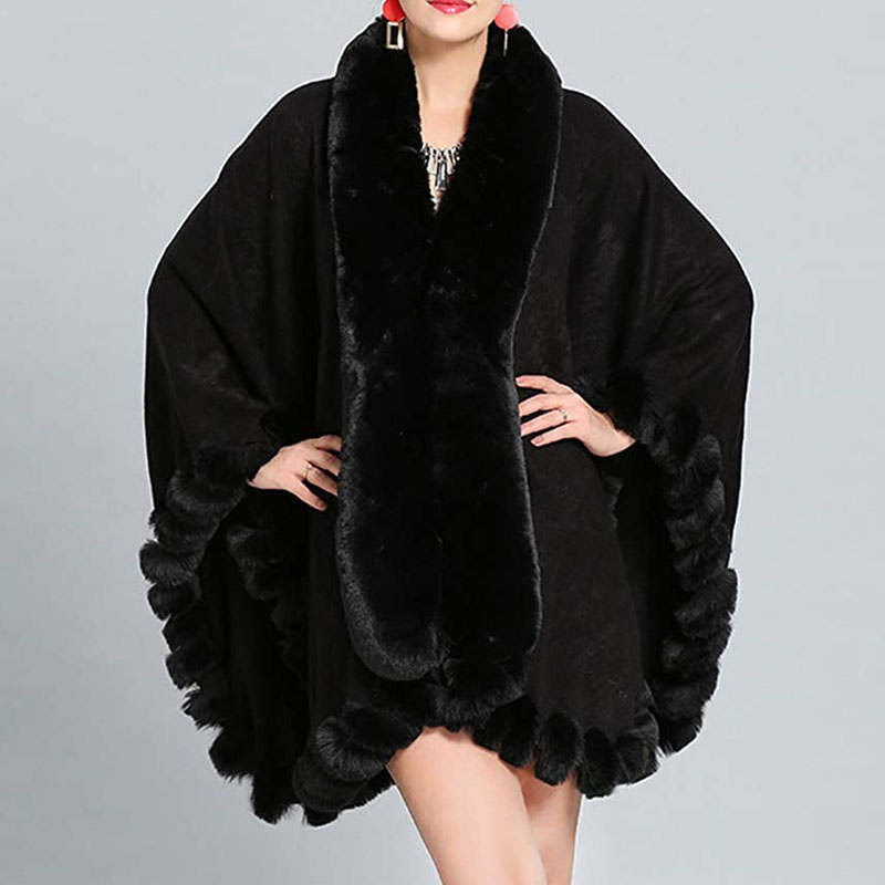 Beakey Womens Faux Fox Fur Trim Cardigan Shawl Oversized Cape-Black