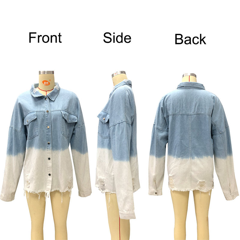 Beakey Women Ripped Denim Jacket Boyfriend Mid Long Trucker Coat-BlueWhite