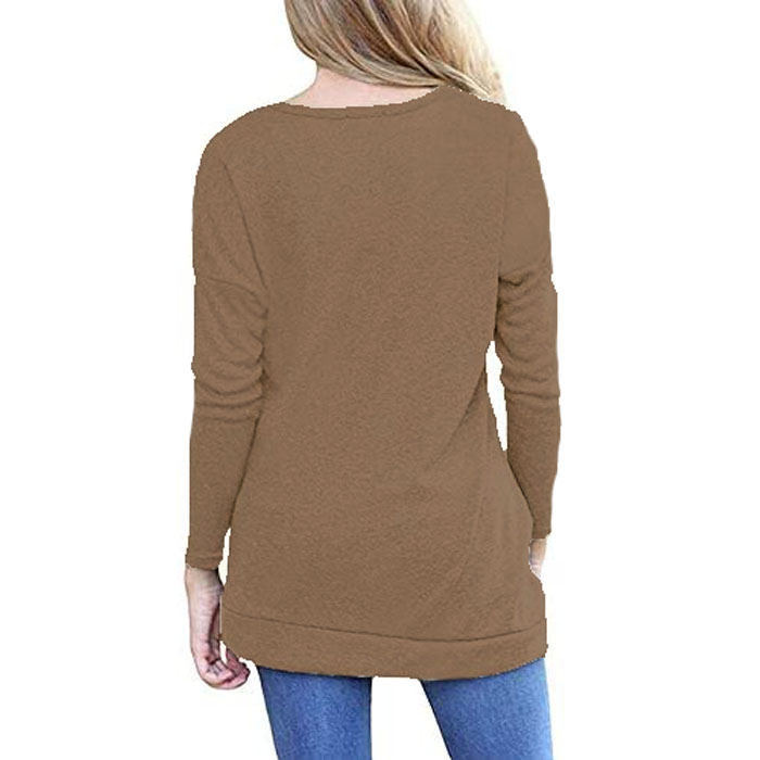 Beakey Women's Casual Long Sleeve Round Neck Loose T Shirt Blouse Tops-Khaki-88041