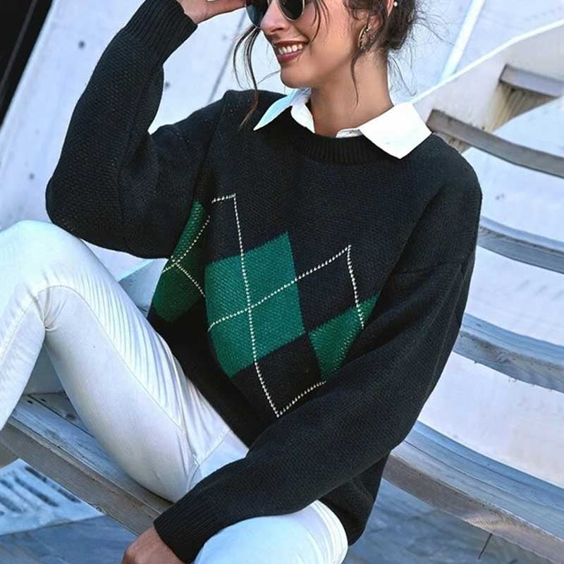 Beakey Women Plaid Sweater Preppy Style Vintage Pullover-Navy Blue