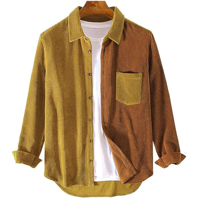 Beakey Mens Corduroy Shirt Patchwork Button Down Jacket with Chest Pocket-Coffee