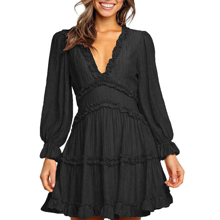 Beakey Womens Spring Summer Deep V Neck Ruffle Long Sleeve Mini Dress-Black-221766