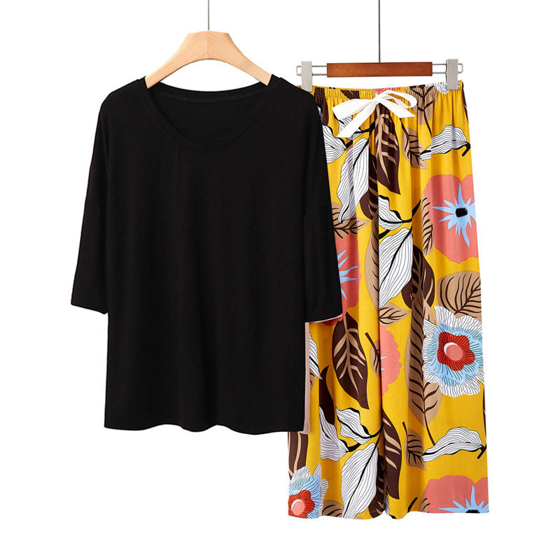 Beakey Womens Pajama Set Print Sleepwear Soft V-Neck Short Sleeve Top With Pants-34