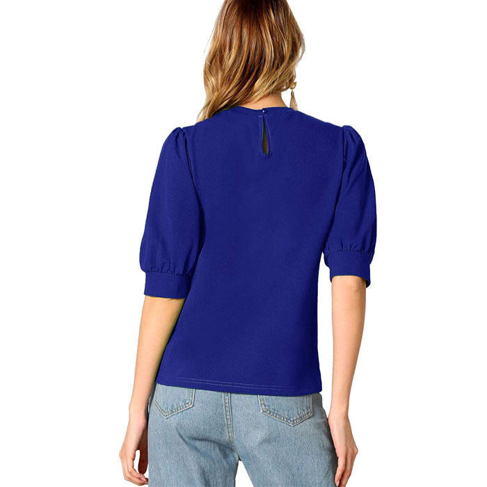 Beakey Women's Unique Puff Sleeve Casual Solid Top Pullover Keyhole Back Blouse-Blue-8821