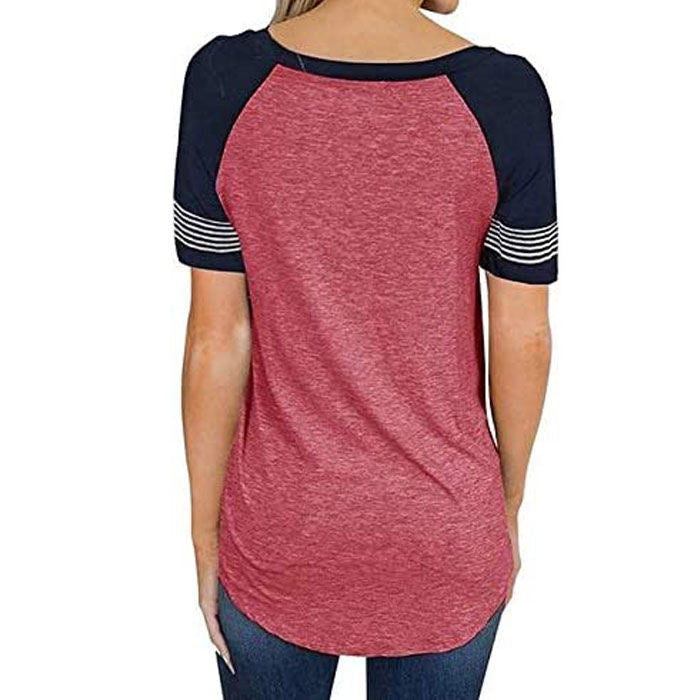 Beakey Womens T Shirts Round Neck Short Sleeve Striped Color Block Casual Tops-Rose-025