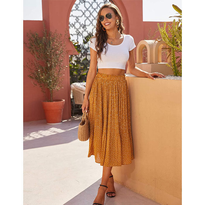 Beakey Womens High Waist Skirt Polka Dot Pleated Midi Maxi Swing Skirt High Elastic-Yellow-0387