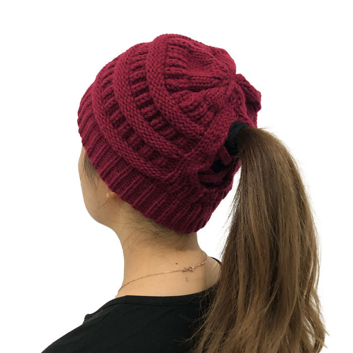 Beakey Soft Stretch Cable Knit Hat Ponytail Beanie Winter Hat For Women-Maroon
