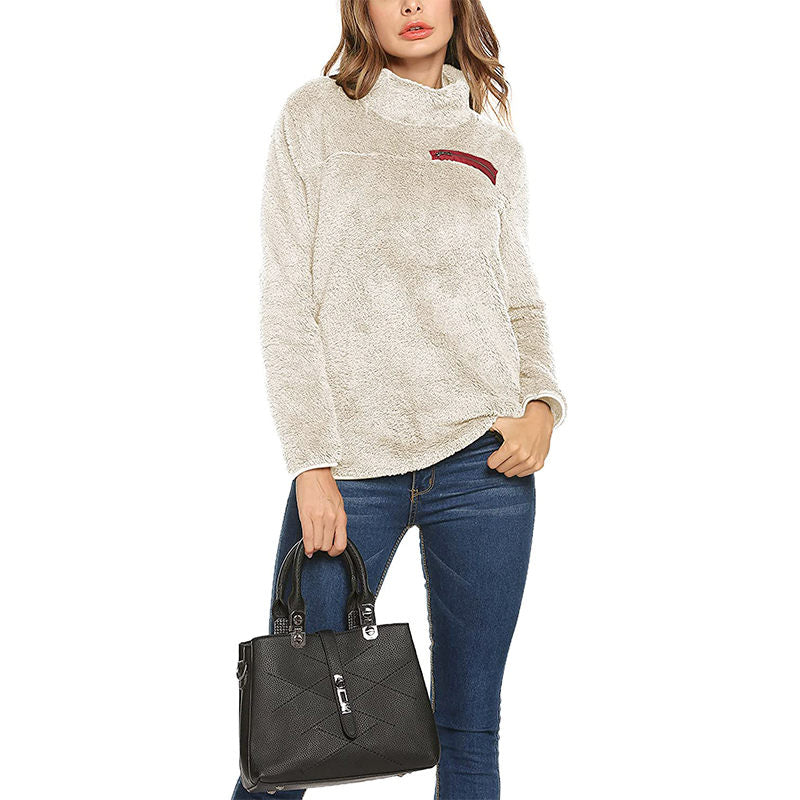 Beakey Womens Turtleneck Sweatshirt Winter Faux Fuzzy Sherpa Pullover-Light Apricot