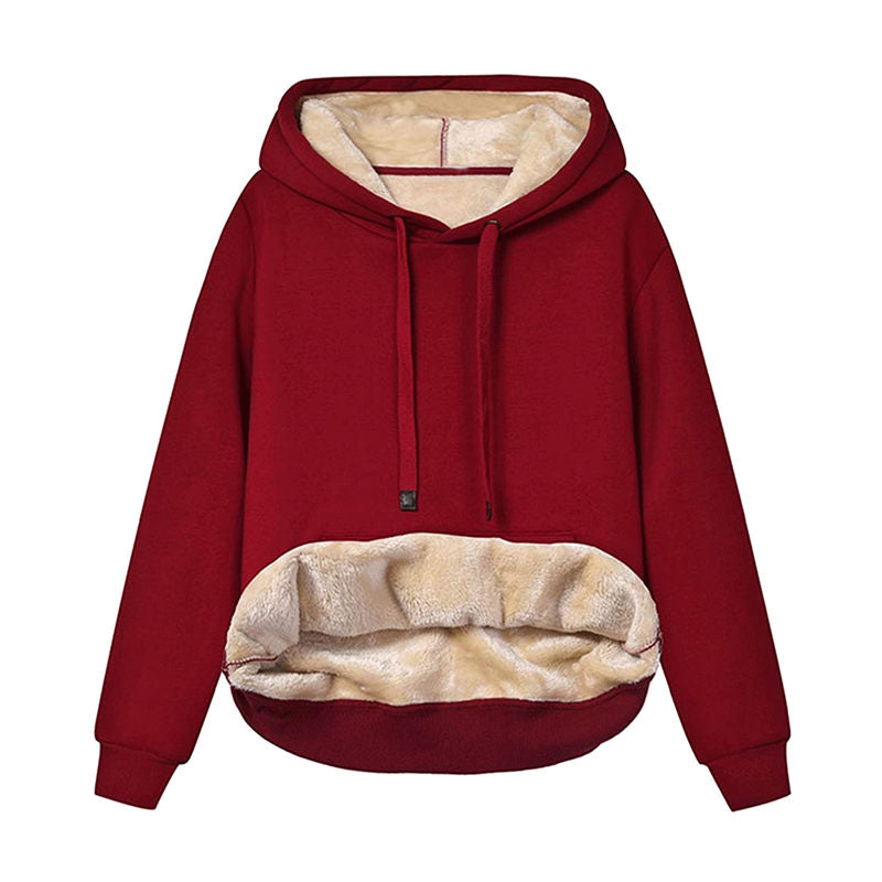 Beakey Ladies Winter Warm Fleece Lined Pullover Casual Hooded Sweatshirt-Red