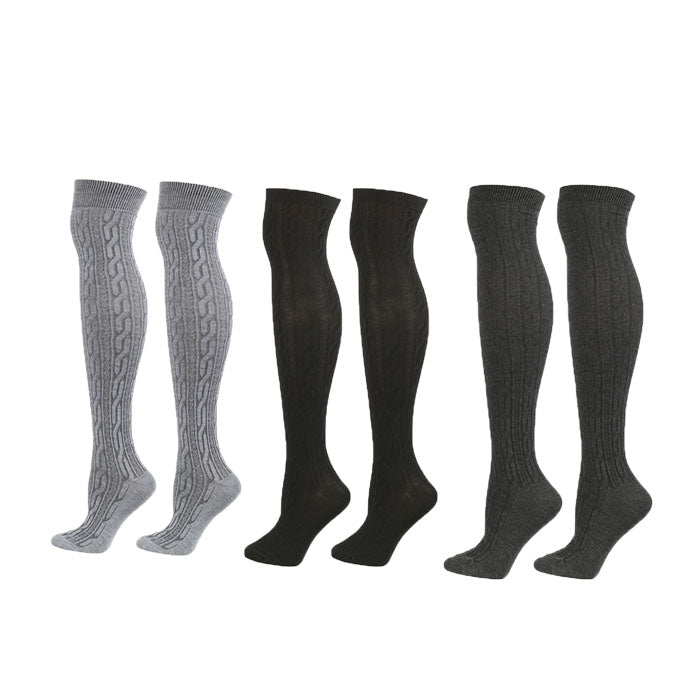 Beakey 3Packs Women Extra Long High Socks Knit Warmers Thick Tall Long Boot Stockings Leg-BlackGrayDarkGray