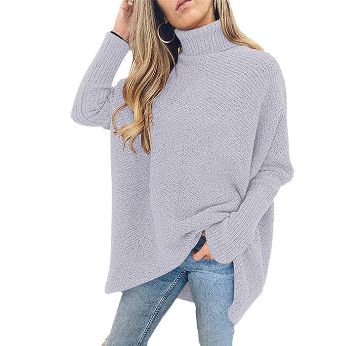 Beakey Womens Turtleneck Long Sweater Batwing Sleeve Asymmetric Hem Pullover Knit Tops-Gray-YY528