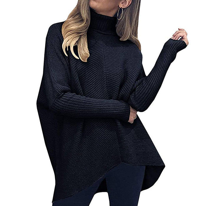 Beakey Womens Turtleneck Long Sweater Batwing Sleeve Asymmetric Hem Pullover Knit Tops-Black-YY528