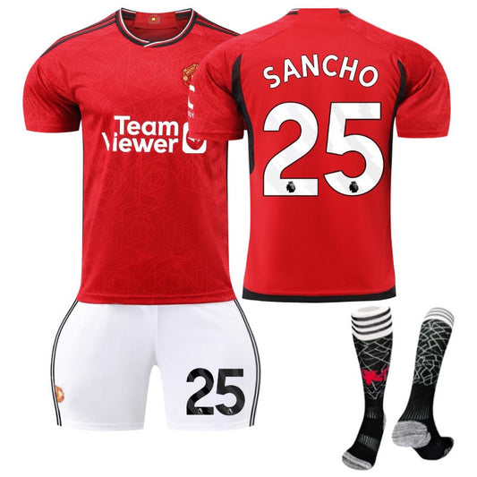 Beakey Red Devil Man Utd Home Jersey SANCHO #25 Soccer Jersey Kids Adult 3Pcs Jersey Kits