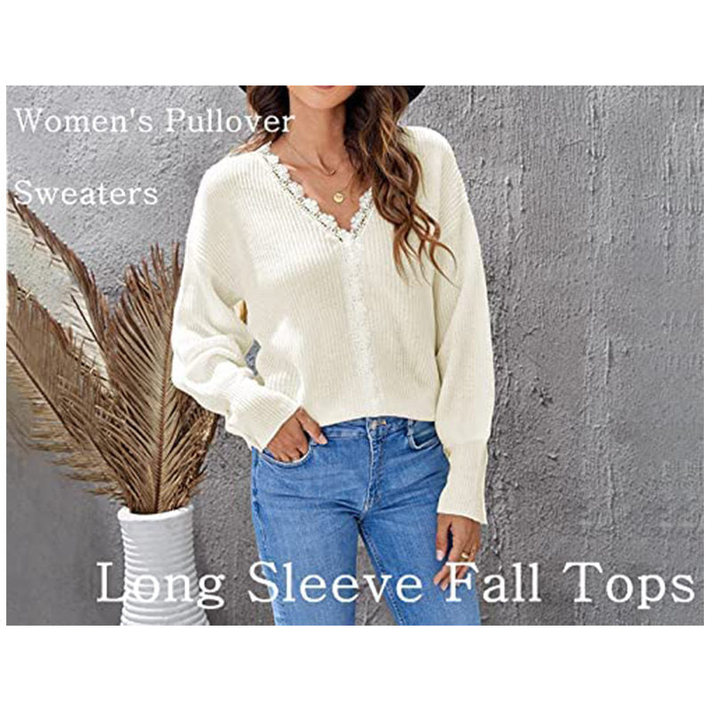 Beakey Womens Pullover Sweater Lace V Neck Long Sleeve Button Top-White