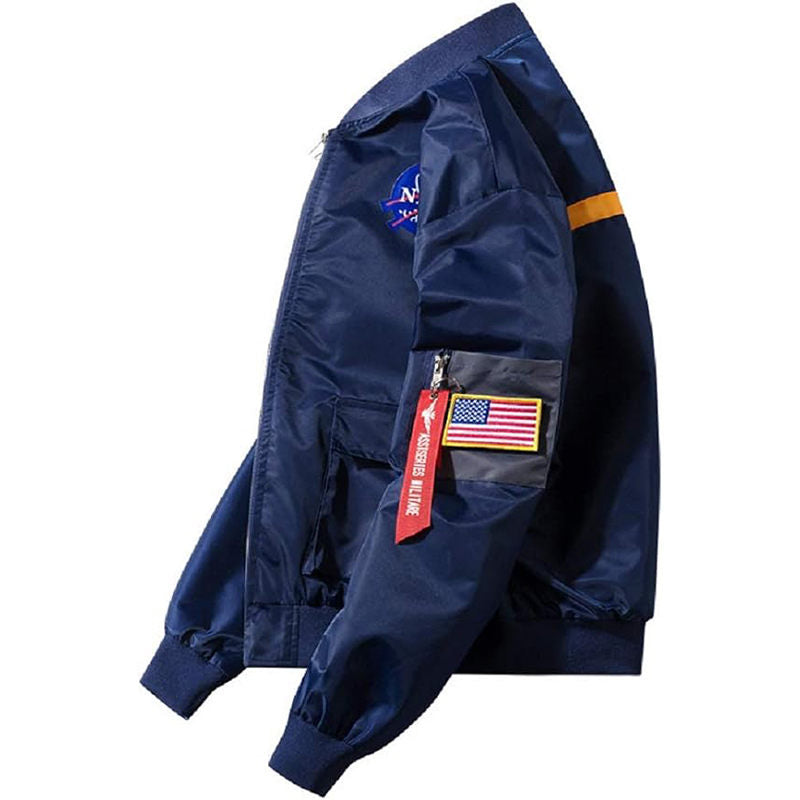 Beakey Mens Biker Flight Jacket Big Pocket Letter Print Windbreaker-Blue