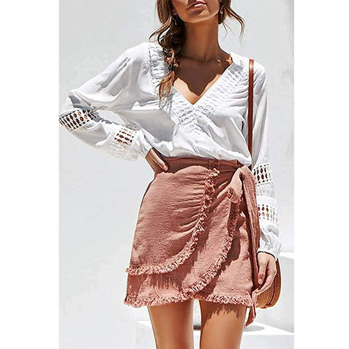 Beakey Womens V Neck Lantern Long Sleeve Blouse Hollow Out Casual Shirts-White-80082