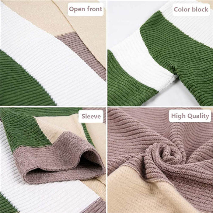 Beakey Womens Color Block Cardigan Open Front Sweaters Loose Knit Casual Coat-Green-AL6009
