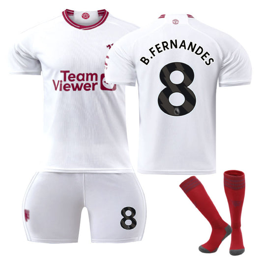 Beakey Red Devil Man Utd Second Away Jersey B.FERNANDES #8 Soccer Jersey Kids Adult 3Pcs Jersey Kits