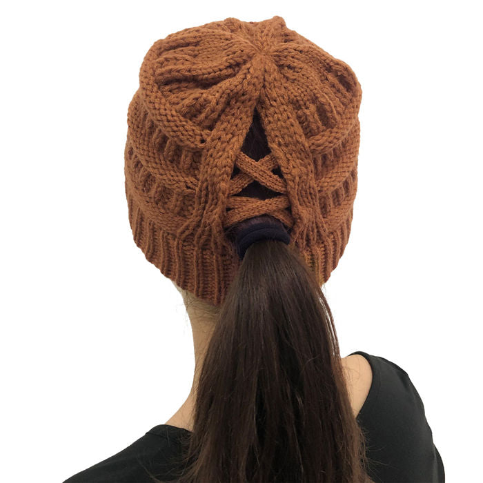 Beakey Soft Stretch Cable Knit Hat Ponytail Beanie Winter Hat For Women-Caramel Colour