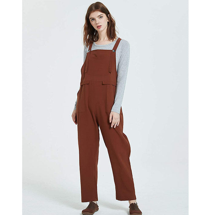 Beakey Women's Casual Baggy Cotton Linen Jumpsuit Overalls With Pockets-Brown-5859