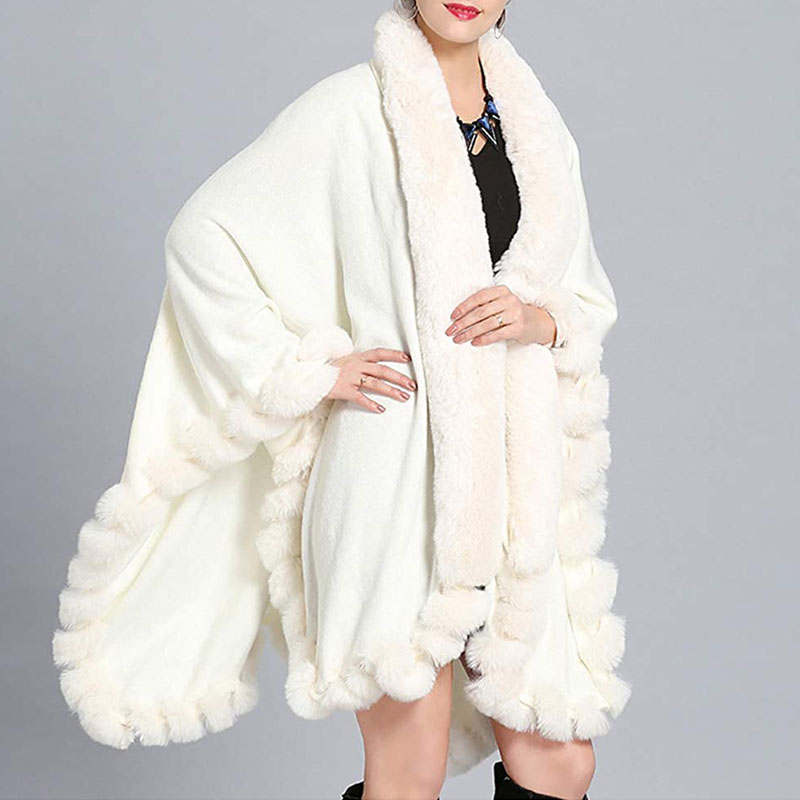 Beakey Womens Faux Fox Fur Trim Cardigan Shawl Oversized Cape-White