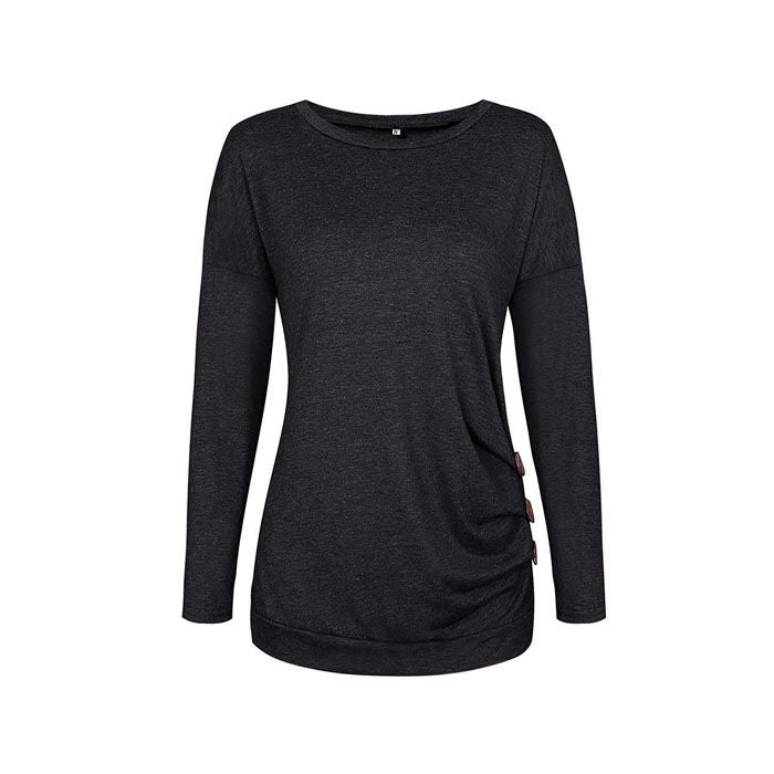 Beakey Women's Casual Long Sleeve Round Neck Loose T Shirt Blouse Tops-Black-88041
