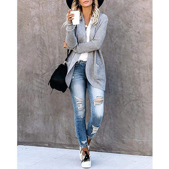 Beakey Womens Long Sleeve Cardigans Chunky Knit Draped Sweaters Outwear-Light Gray-220185