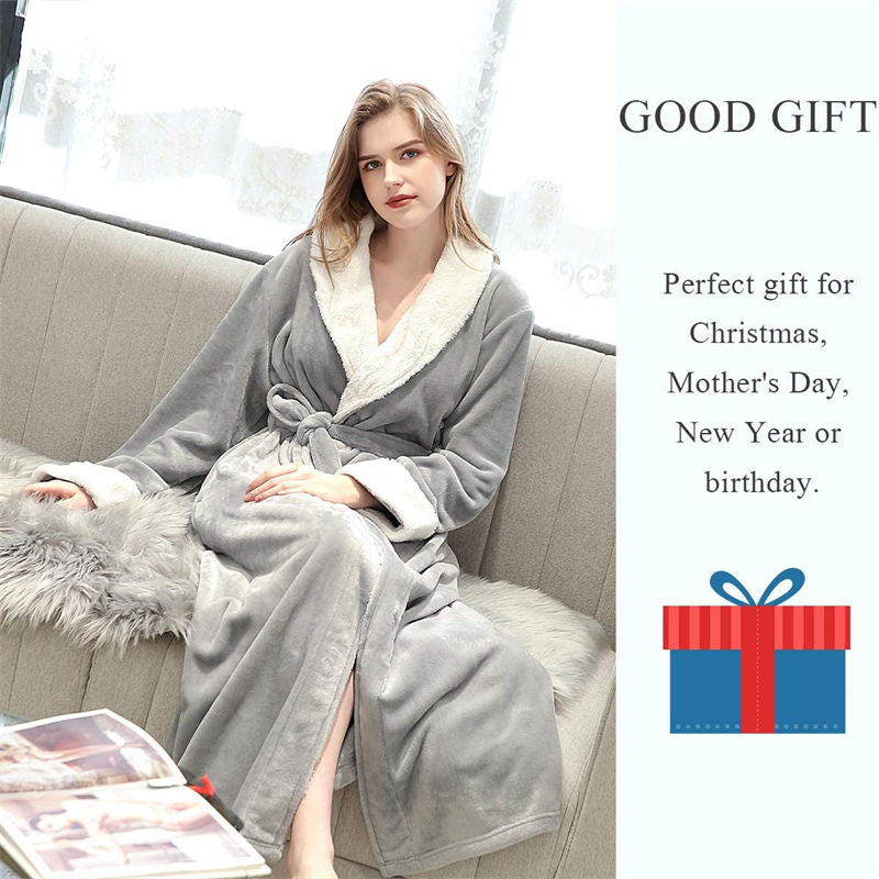 Beakey Womens Winter Robe Soft Plush Warm Spa Long Bathrobe Pajamas-Grey
