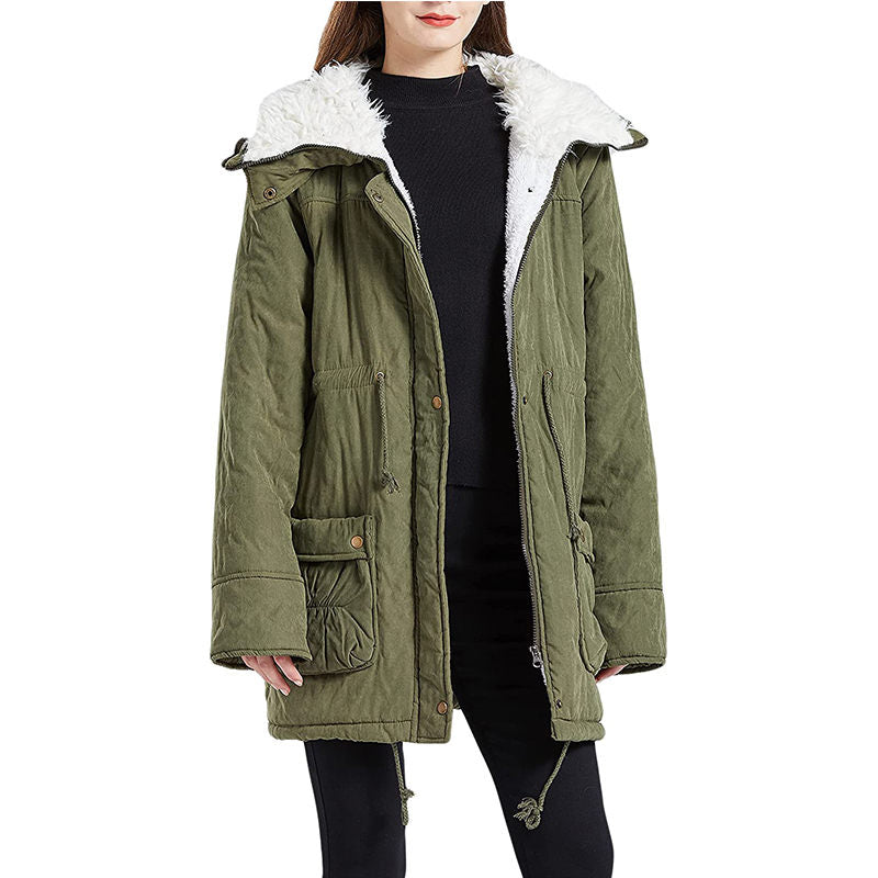 Beakey Women's Mid Length Winter Coat Thickened Warm Lamb Wool Lined Jacket-Army Green
