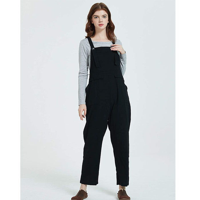 Beakey Women's Casual Baggy Cotton Linen Jumpsuit Overalls With Pockets-Black-5859