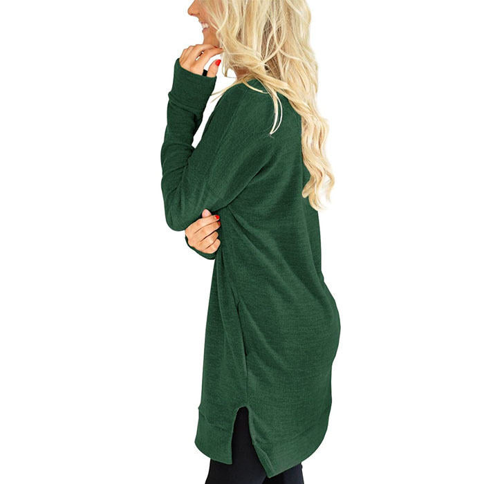 Beakey Womens Casual V Neck Long Sleeves Pocket Solid Color Sweatshirt Split Tops-Green-W0083