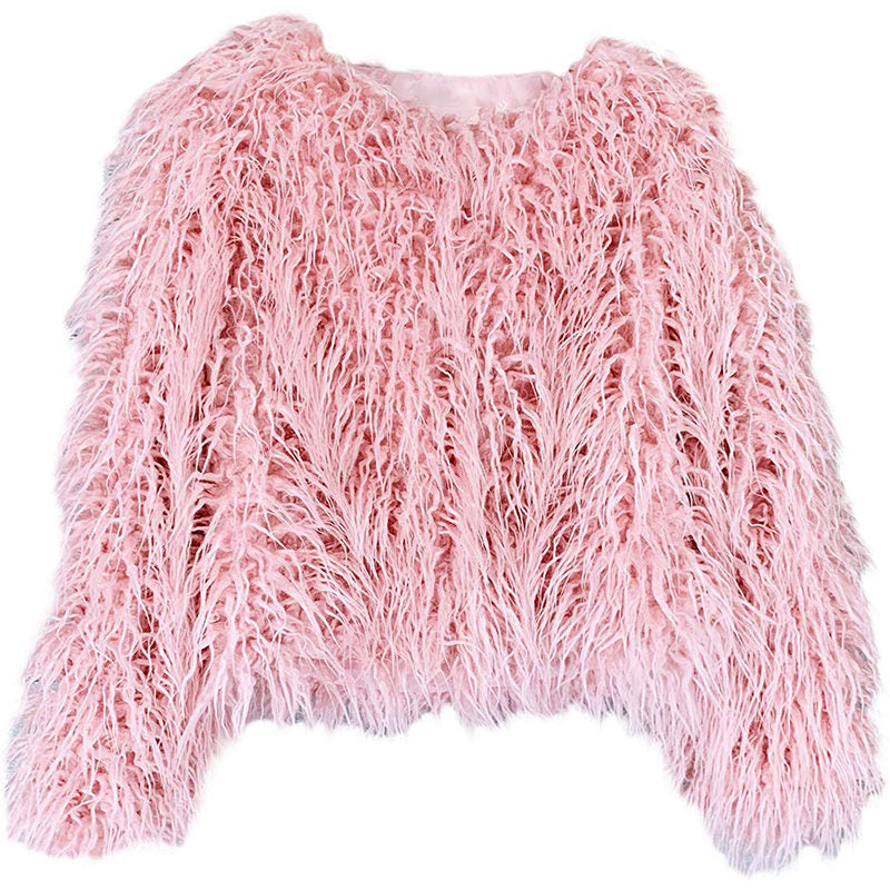 Beakey Womens Shaggy Faux Fur Outwear Short Thermal Coat-Pink
