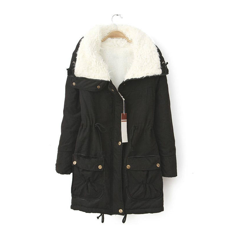 Beakey Women's Mid Length Winter Coat Thickened Warm Lamb Wool Lined Jacket-Black