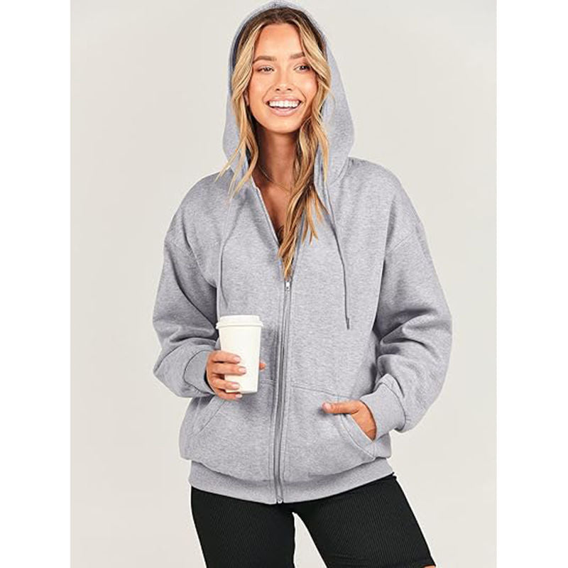 Beakey Womens Zip Up Hoodies with Pockets Y2K Oversized Sweatshirts-Light Grey
