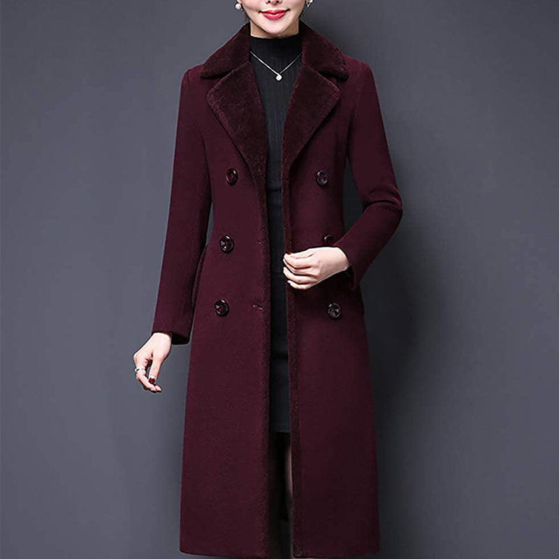 Beakey Womens Winter Wool Blend Long Coat Double Breasted Lapel Jacket-Purple