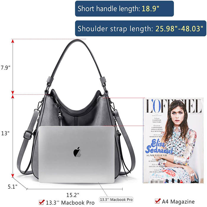 Beakey Handbags for Women Large Designer Ladies Hobo bag Bucket Purse Faux Leather-Grey