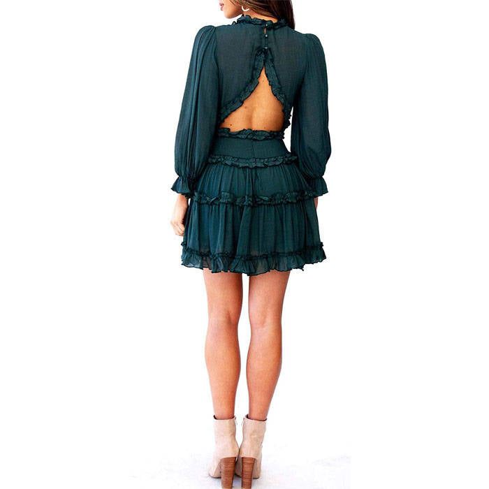 Beakey Womens Spring Summer Deep V Neck Ruffle Long Sleeve Mini Dress-Green-221766