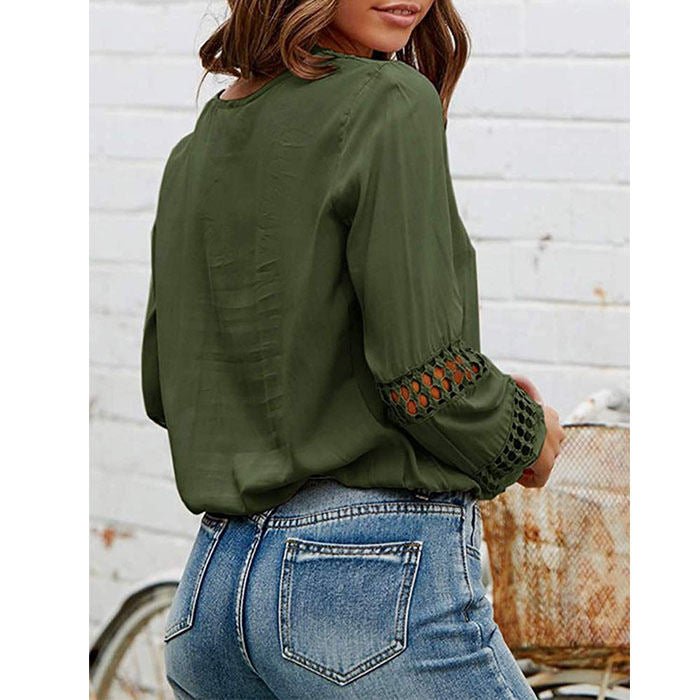 Beakey Womens V Neck Lantern Long Sleeve Blouse Hollow Out Casual Shirts-Green-80082