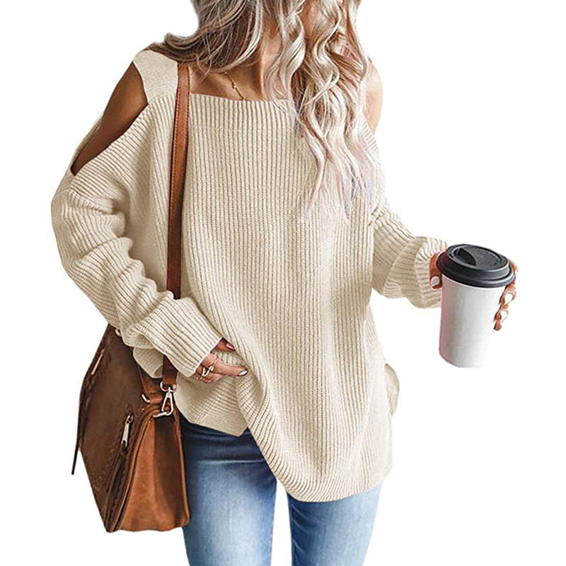 Beakey Womens Off Shoulder Oversized Sweater Fashion Knit Tunic Tops-Beige
