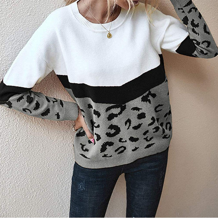Beakey Women¡¯s Casual Knitted Sweater Leopard Print Color Block Loose Pullover-Gray-K208002