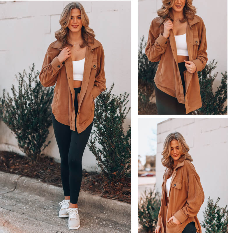 Beakey Womens Fleece Long Sleeved Shirt Casual Boyfriend Blouse Top-Caramel