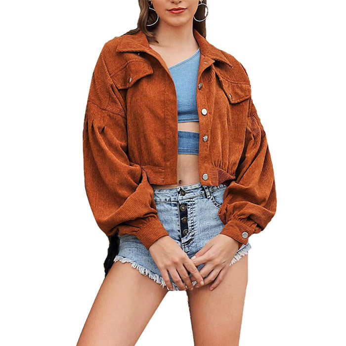 Beakey Women's Lantern Sleeve Button Up Corduroy Jacket Coat-Brown-H52-1029