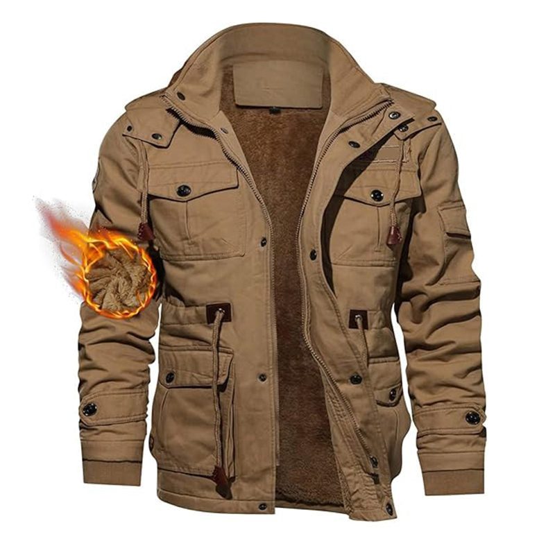 Beakey Mens Winter Jacket Cotton Fleece Lined Military Coats with Hood-Khaki