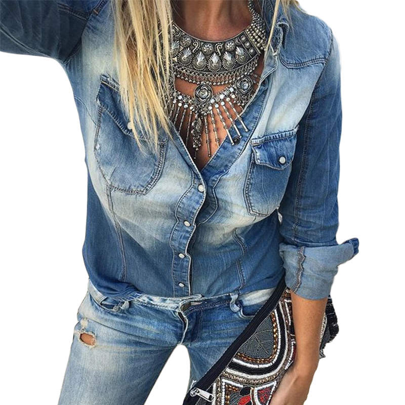 Beakey Womens Denim Shirt Distressed Long Sleeve Retro Tunic Tops