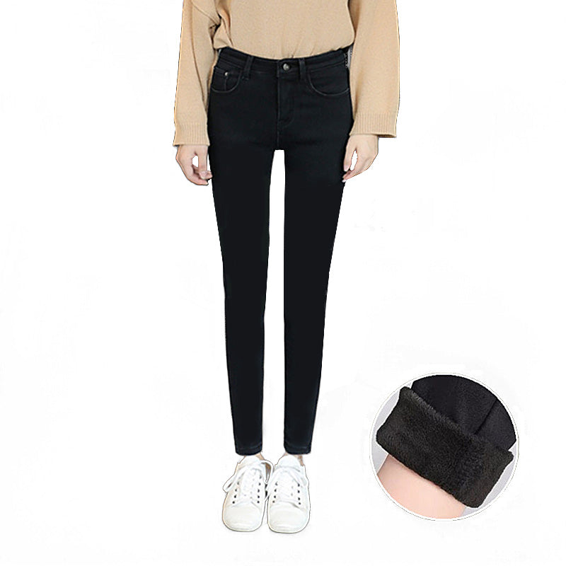 Beakey Womens Fleece Jeans with Pockets High Waist Stretch Trousers-209-Black