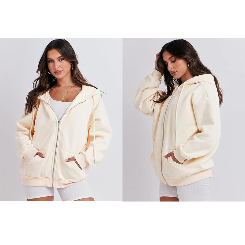 Beakey Womens Zip Up Hoodies with Pockets Y2K Oversized Sweatshirts-Milky White