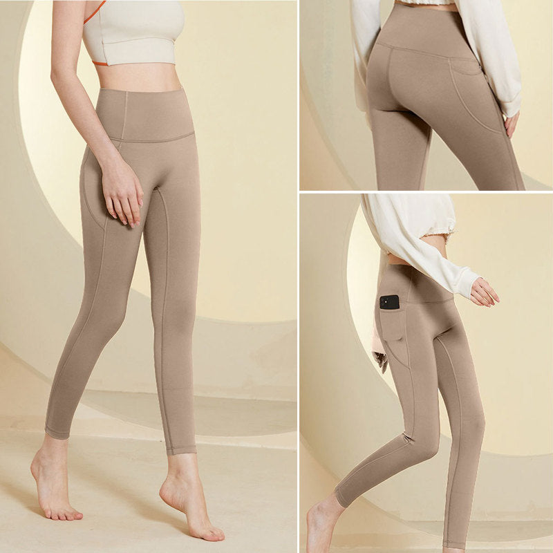 Beakey Womens Legging with Pockets High Waisted Fleece Lined Workout Pants-Khaki