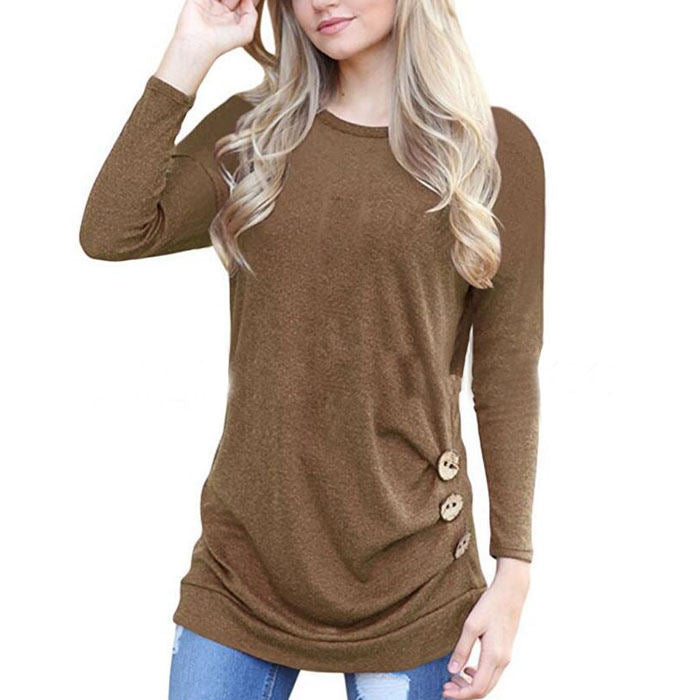 Beakey Women's Casual Long Sleeve Round Neck Loose T Shirt Blouse Tops-Khaki-88041