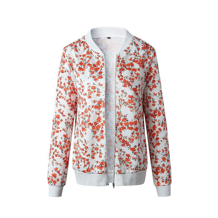 Beakey Women's Fashion Zip Up Casual Jacket Coat Short Outwear Flower Printing Tops-Red Flower-8795